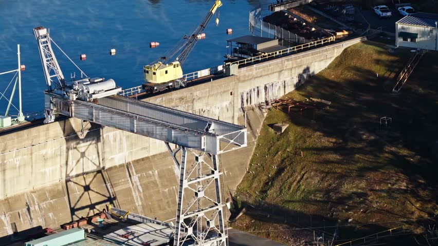 Aerial of maintenance crane and structure on top of hydroelectric Dam above calm reservoir water