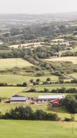Rolling green hills define the picturesque Irish countryside featuring scattered farms and fields on a clear summer day.
