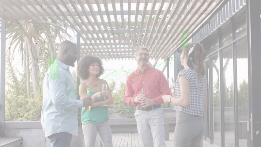 Team of four standing on rooftop holding drinks offering bottle and toasting starting networking. Outdoor, terrace, pergola, glassware, greenery, conversation, connect