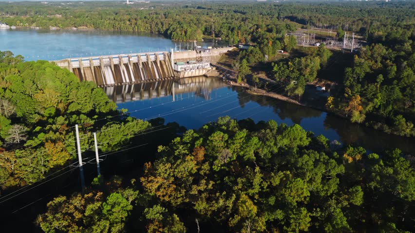 Dense Thicket Near Carpenter Dam On The Ouachita River Near Hot Springs, Arkansas, USA. Aerial Pullback Shot