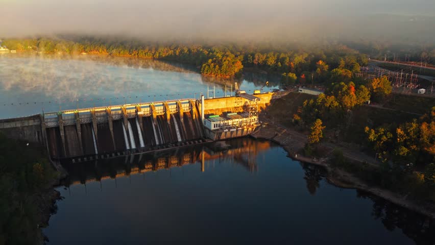 Flood Control And Hydroelectric Dam Of Carpenter Dam On The Ouachita River Near Hot Springs, Arkansas, USA. Aerial Rotate Shot