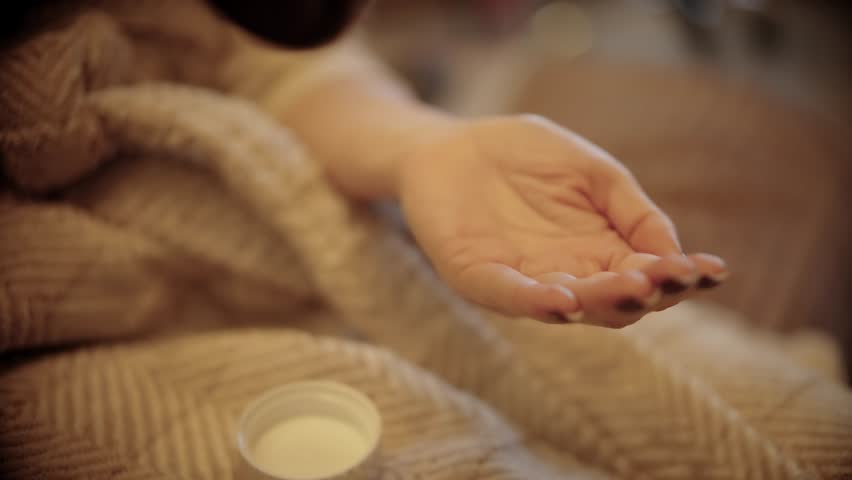 Dispensing Pills From Bottle Into Hand, Taking Daily Medication Or Supplements. Health And Wellness. Hands Holding Medical Tablets, Taking Prescription Drugs, Vitamin Dosage. Pharmaceutical Treatment