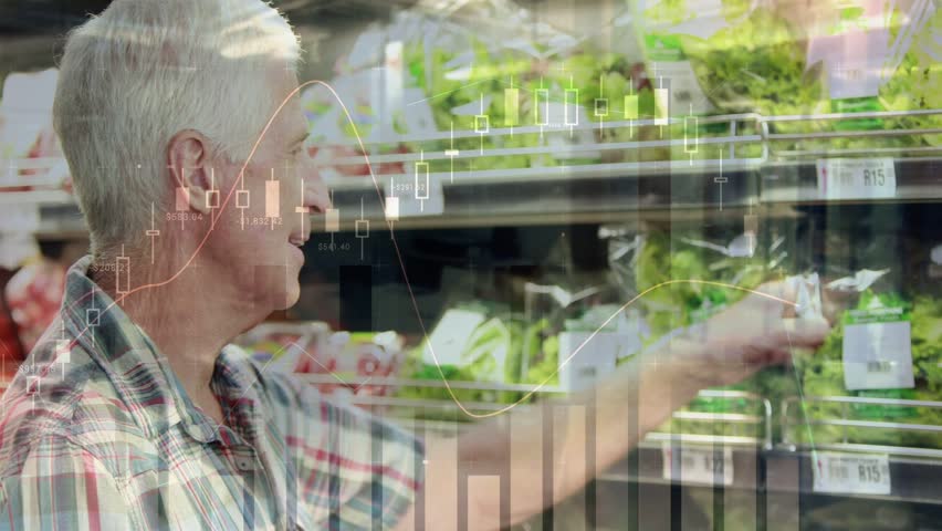 Man reaching fridge, checking salad pack price, turning and smiling while finance graphs following. Shopper, produce, greens, grocery, store, fluorescent, overlay