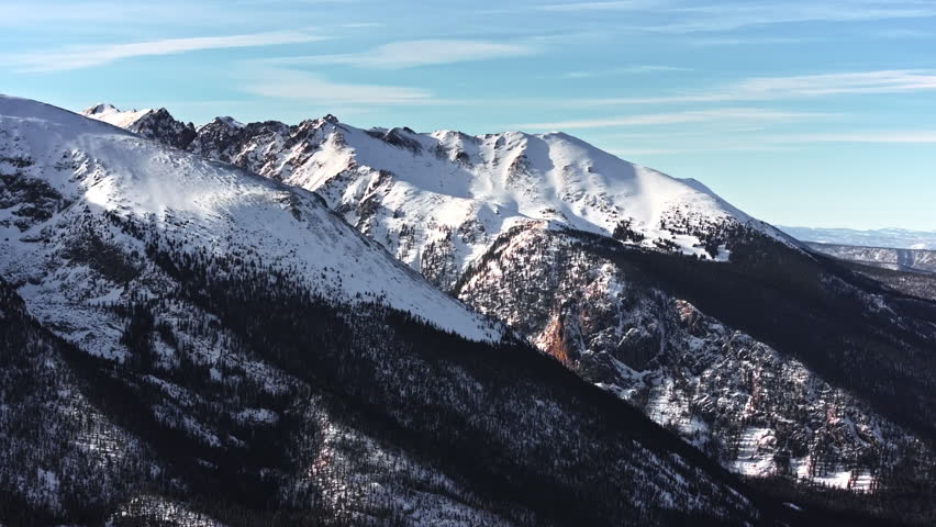 70mm-style aerial drone shot of snowy peaks surrounding Dillon and Frisco near Breckenridge in Colorado