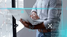 Developer placing laptop and typing at window, activating cyan HUD and debugging code. Tech, professional, data, futuristic, minimalist, workspace, glass - Powered by Shutterstock - Get 15% off with code: PIKWIZARD15
