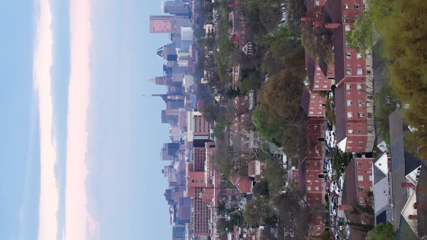Vertical aerial wide shot of Baltimore suburb with brick townhouses in foreground and downtown skyline in background, surrounded by spring trees and urban residential landscape in soft daylight.