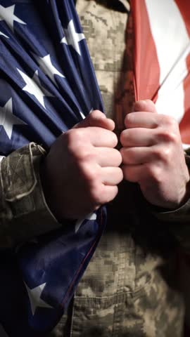 A soldier runs his hand over the American flag on Veterans Day.