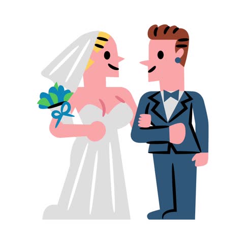 Animated cartoon lesbian wedding couple holding bouquet celebrating marriage love and relationship