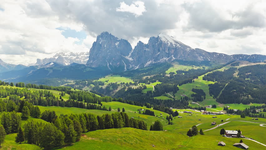 Alpe di Siusi in Dolomites, view from above. Summer alpine plateau in South Tyrol, Italy