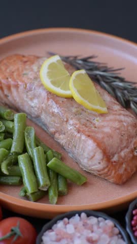 Fish, grilled salmon fillet, healthy food, seafood. Grilled salmon fillet as a background for your design