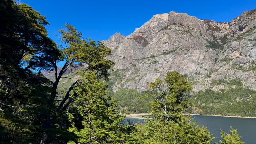 Beautiful views of Lake Nahuel Huapi and its mountains from a viewpoint on the Small Circuit. Bariloche, Patagónia, Argentina. 