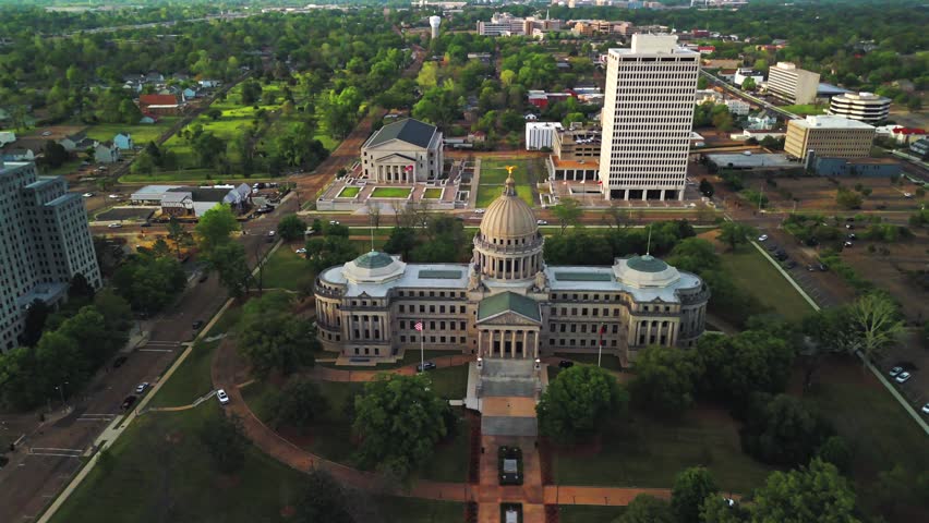 Aerial view golden dome capitol Jackson Mississippi USA