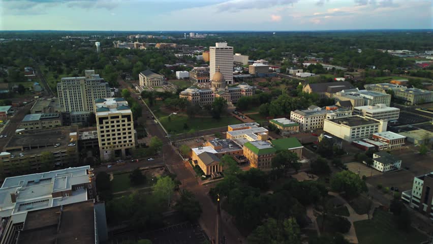 Drone view Mississippi State Capitol downtown Jackson Mississippi USA