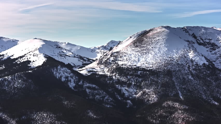70mm zoom aerial drone shot of snowy peaks surrounding Dillon and Frisco near Breckenridge in Colorado