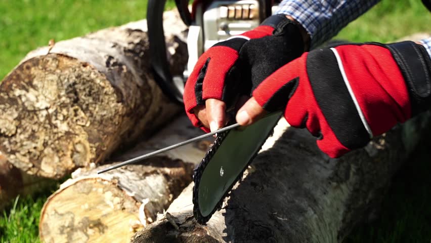 Hands adjust chainsaw blade over rough log. Worker grips tool with care and focus. Green grass surrounds stacked timber. Ideal for outdoor labor or DIY projects. No animals or plants visible