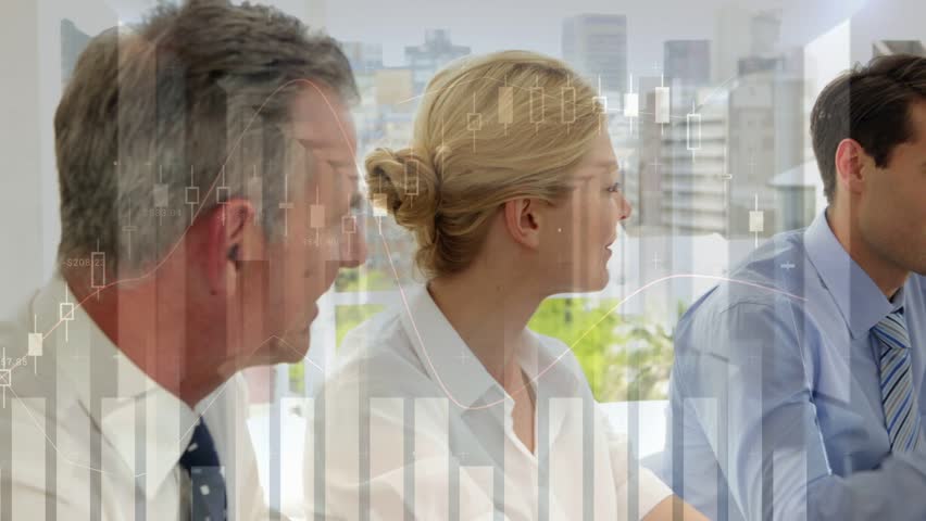 Male in blue shirt gesturing pen starting finance talk as camera shifting right charts over table. Boardroom, conference, collaboration, teamwork, graphs, cityscape, daylight