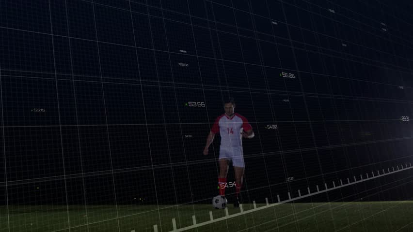 Soccer No14 dribbling wing, evading sliding blue tackle and keeping ball with green graph overlay. Night, turf, gridlines, floodlights, athlete, competition, sideline