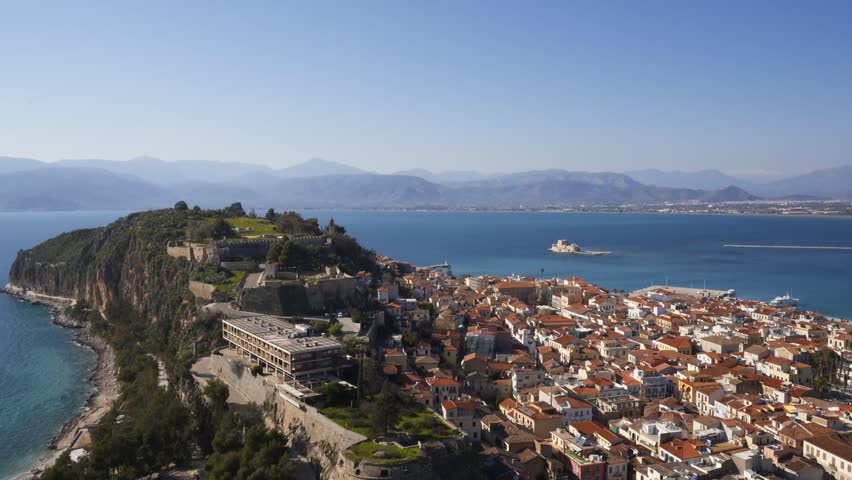 Nafplion historic city view with Palamidi fortress and bourtzi castle island in Greece
