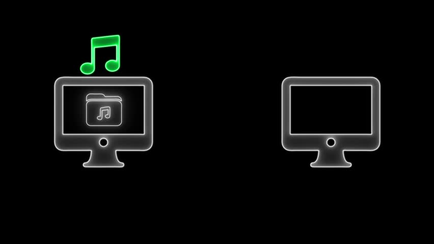Neon Music File Transfer Icon with Glowing Green Notes and Desktop Screens Representing Audio Sharing, Streaming, Media Sync, or Wireless Sound File Exchange Between Devices