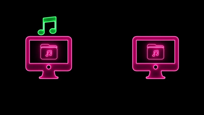 Neon Music File Transfer Icon with Glowing Green Notes and Desktop Screens Representing Audio Sharing, Streaming, Media Sync, or Wireless Sound File Exchange Between Devices