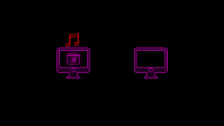 Neon Music File Transfer Icon with Glowing Green Notes and Desktop Screens Representing Audio Sharing, Streaming, Media Sync, or Wireless Sound File Exchange Between Devices