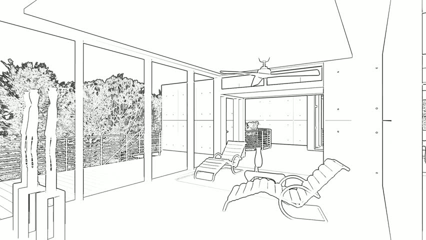 A clean black and white line drawing of a contemporary sunroom featuring lounge chairs and large glass walls overlooking a garden.