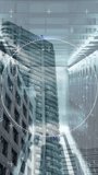 Vertical video: Cam starting HUD scan to map tower in business canyon, markers rotating, suit idle. Skyscraper, urban, futuristic, overlay, augmentedreality, parallax, vertical video - Powered by Shutterstock - Get 15% off with code: PIKWIZARD15