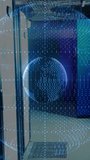 Vertical video: Projector activating blue dotted globe in tech demo bay, rotating and showing data. Holographic, projection, sphere, orbit, grid, spin, vertical video - Powered by Shutterstock - Get 15% off with code: PIKWIZARD15