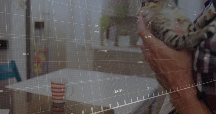 Man lifting kitten close, nuzzling, showing care while green finance chart crossing over both. Feline, pet, warmth, tenderness, home, kitchen, cozy