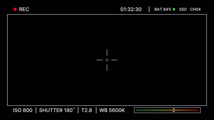 Professional video recording interface with ISO, shutter, aperture, white balance settings for overlay. Camera recording screen with Minimal flat HUD design for editing. Filmmaking screen overlay. 4K