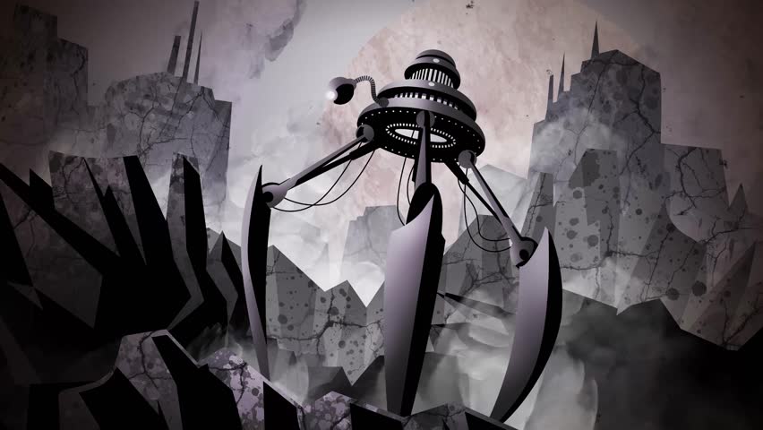 vintage alien tripod invader destroying ruined city