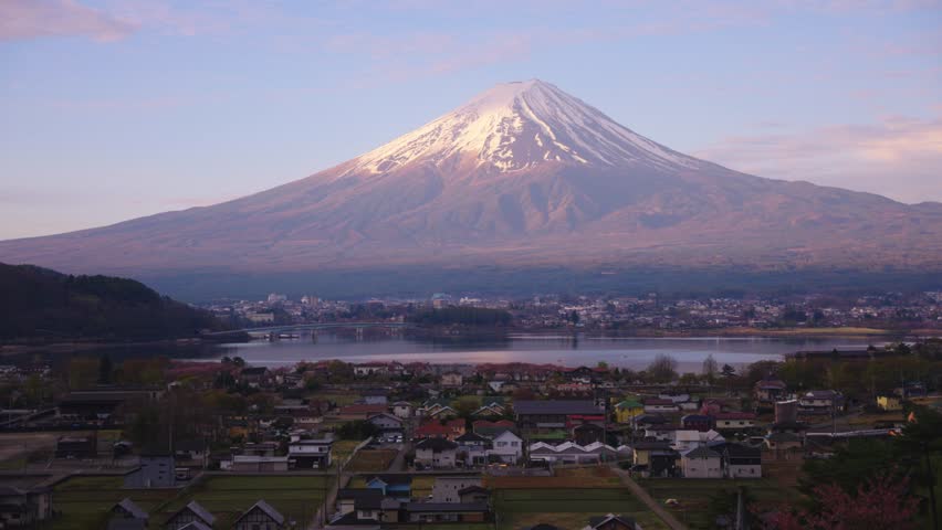 Dawn in Japan, Warm Sunrise over Mt Fuji and Lake Kawaguchiko