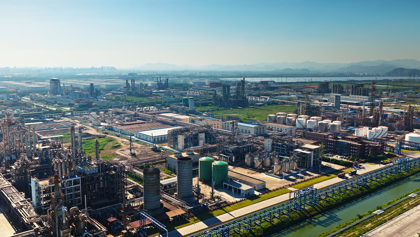Aerial view of large-scale chemical plant and oil refinery infrastructure in industrial zone