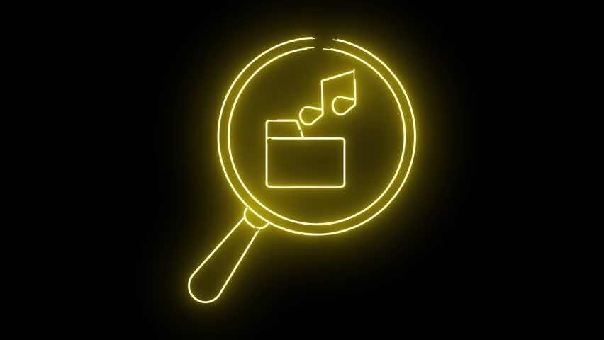 A glowing yellow line drawing of a magnifying glass focused on a file folder with music notes emerging