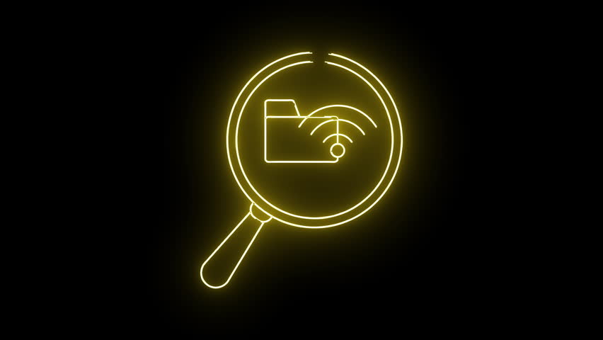 A glowing yellow neon sign against a black background depicts a magnifying glass over a file folder with wifi waves