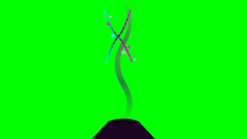 A stylized 2D animation of a colorful chromosome rising from a dark hole with floating trails and particles on a bright green chroma key background for easy keying.