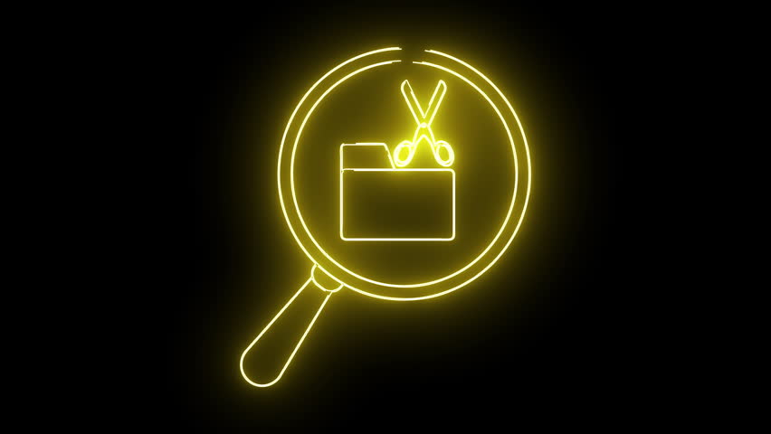 Neon yellow outline of a magnifying glass over a folder and scissors centered on a black background