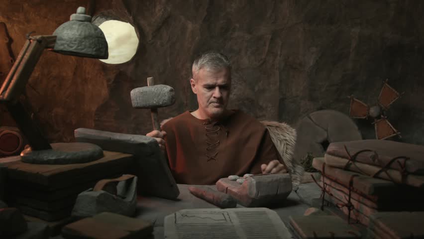Funny prehistoric businessman working in his office, he is stuck on a calculation so he hits his head with a hammer and solves the problem