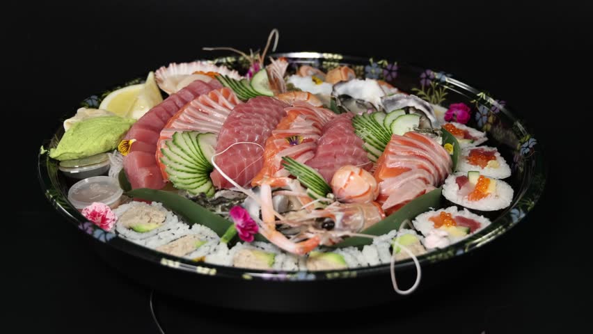 Exotic seafood tray, rotating culinary presentation, gourmet sushi display.