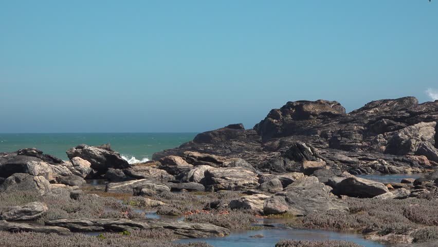 The ocean waves crash against the rocks near the shore. The sun shines brightly on the water as gentle waves come in and out. The landscape features clear skies and rugged rock formations.