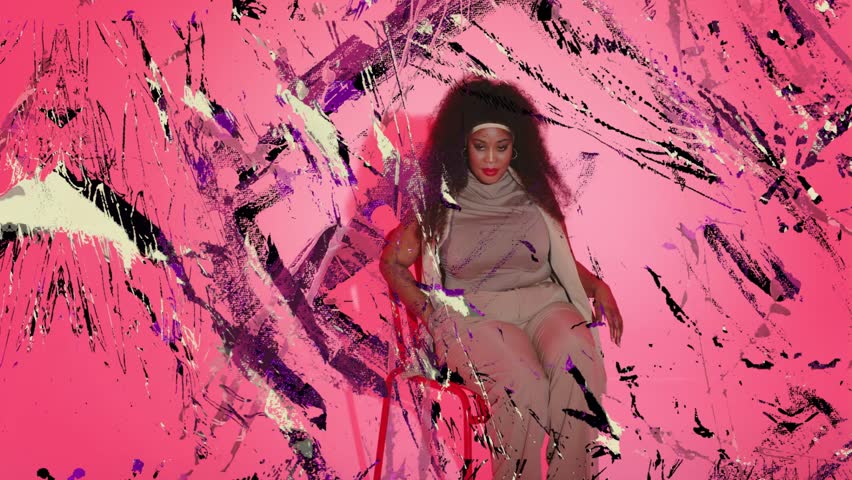 Female model sitting on red chair on pink backdrop, overlay sweeping and revealing pose for fashion. Glitch, portrait, abstract, studio, texture, vibrant, editorial