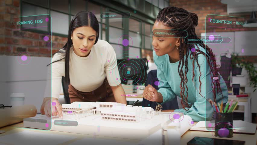 Left woman shifting model pieces, right woman pointing, causing purple-node HUD to refine design. Collaboration, architecture, studio, mockup, ar, drafting, teamwork