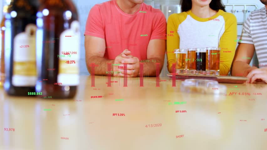 Four friends tasting beer flight at bar, striped man lifting glass, stock chart overlaying faces. Brewery, taproom, tray, cups, counter, wooden, interior