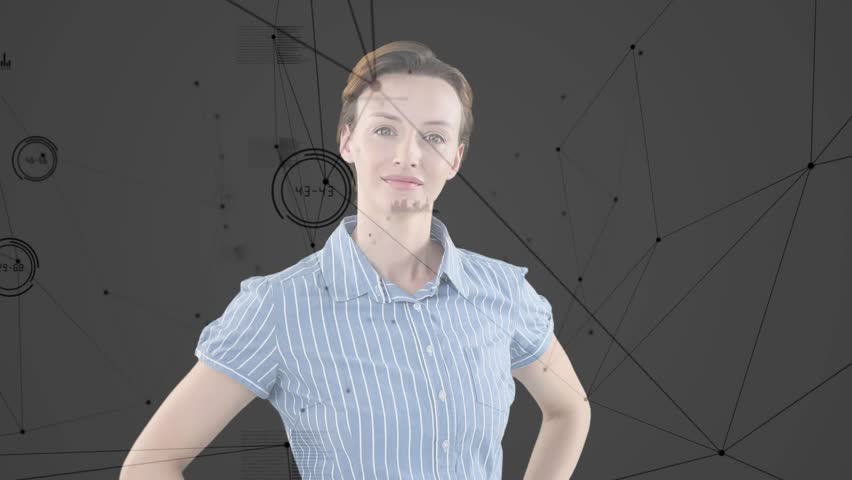 Woman gesturing before dark gray background, activating network nodes and charts for tech demo. Futuristic, holographic, overlay, minimalist, digital, interface, studio