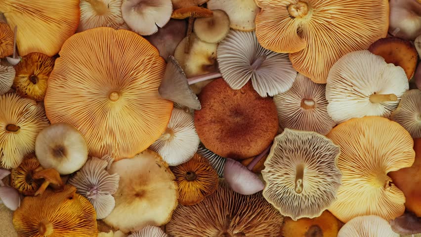 Wild Mushrooms Close Up Rotation Autumn Forest Texture Design. Detailed Mushroom Texture Spinning Top View Autumn Nature Background. Assorted Mushrooms Top View Spinning Loop Natural Pattern Background