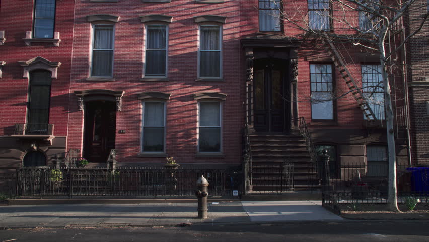 Handheld shot of an apartment building in Greenpoint, Brooklyn. Shot on a spring morning in New York City.