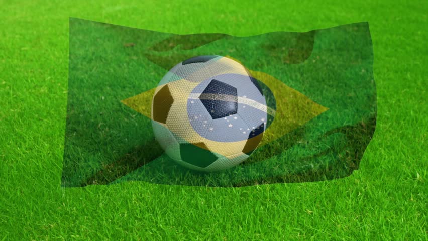Brazilian flag overlay starting and rippling over center soccer ball, casting design to show Brazil. Sphere, grass, field, translucent, dynamic, movement, colorful