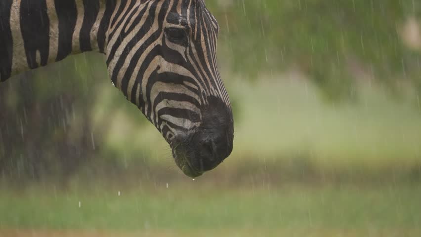 Zebra Face Close-Up in Heavy Rain