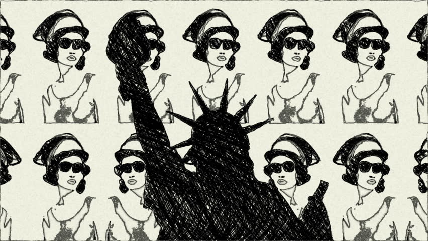 Hand Draw Statue Of Liberty Silhouette With Repeated Faces
