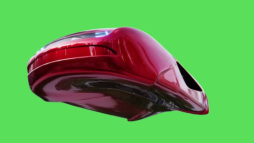 Futuristic flying red car. realistic dynamic reflections on the car body. 4K green screen isolate.